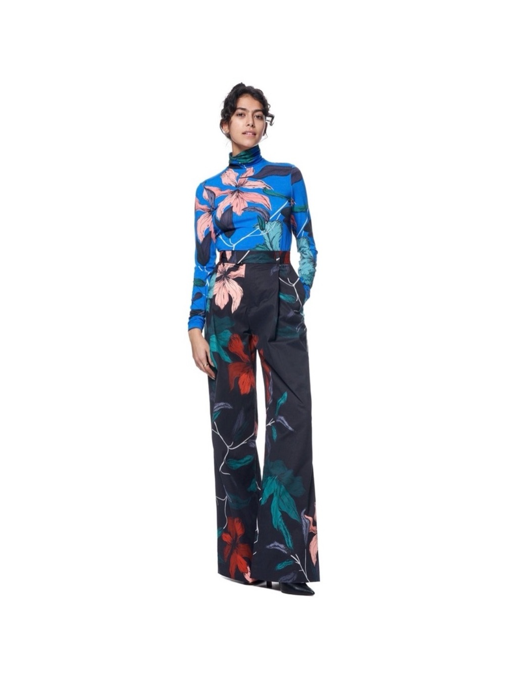 The Kit | Wide-Leg Floral Print Pants in Black with Coral & Teal Blooms - Picture 2 of 11